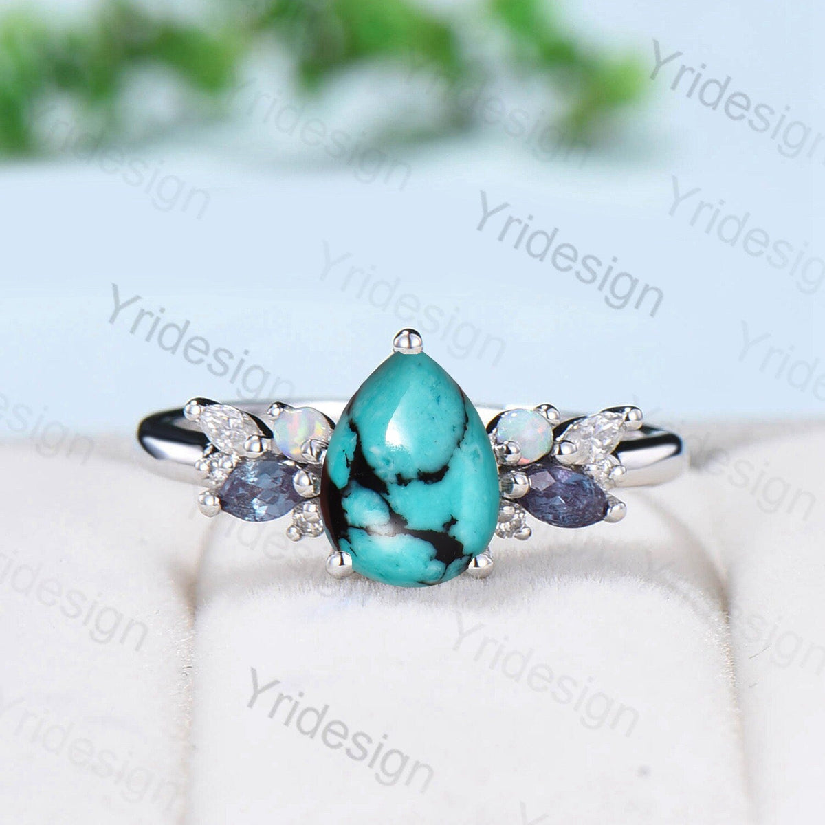 Teardrop Turquoise Engagement Ring: Rose Gold, Alexandrite & Opal Accents