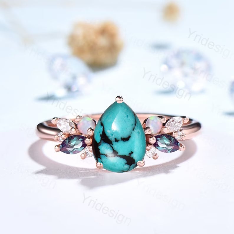 Teardrop Turquoise Engagement Ring: Rose Gold, Alexandrite & Opal Accents