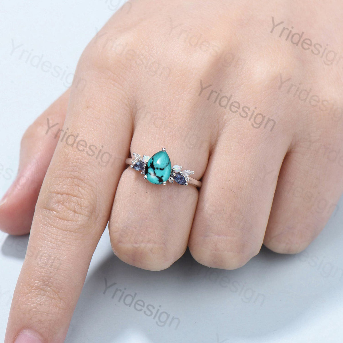 Teardrop Turquoise Engagement Ring: Rose Gold, Alexandrite & Opal Accents