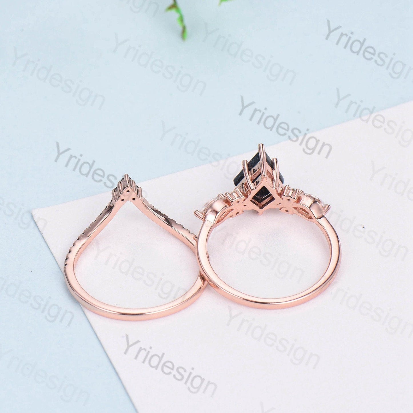Kite Cut Alexandrite Engagement Ring Set, Rose Gold Twisted Wedding Band