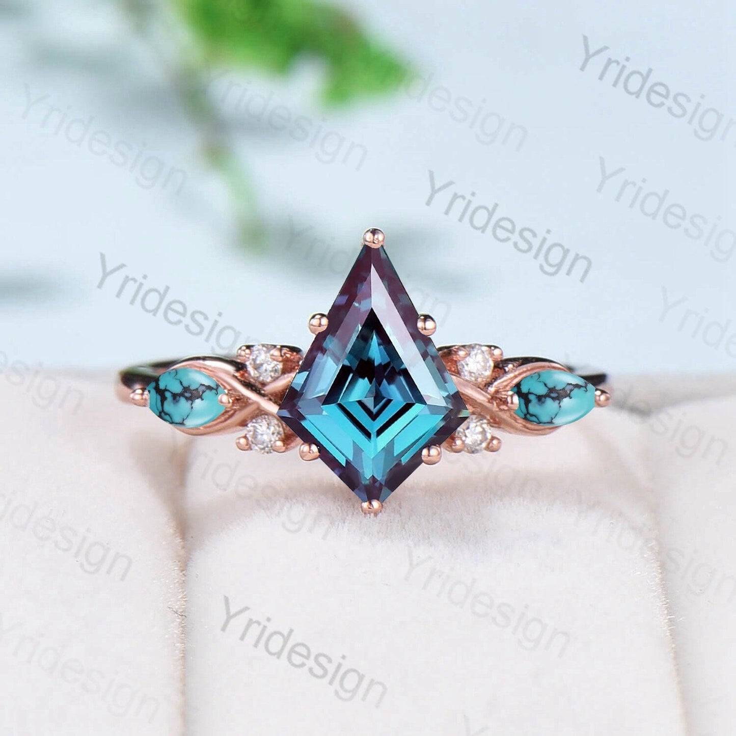 Kite Cut Alexandrite Engagement Ring Set, Rose Gold Twisted Wedding Band