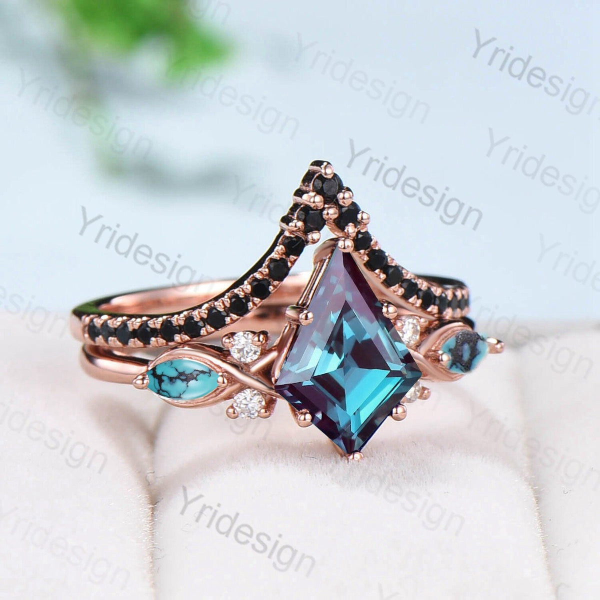 Kite Cut Alexandrite Engagement Ring Set, Rose Gold Twisted Wedding Band