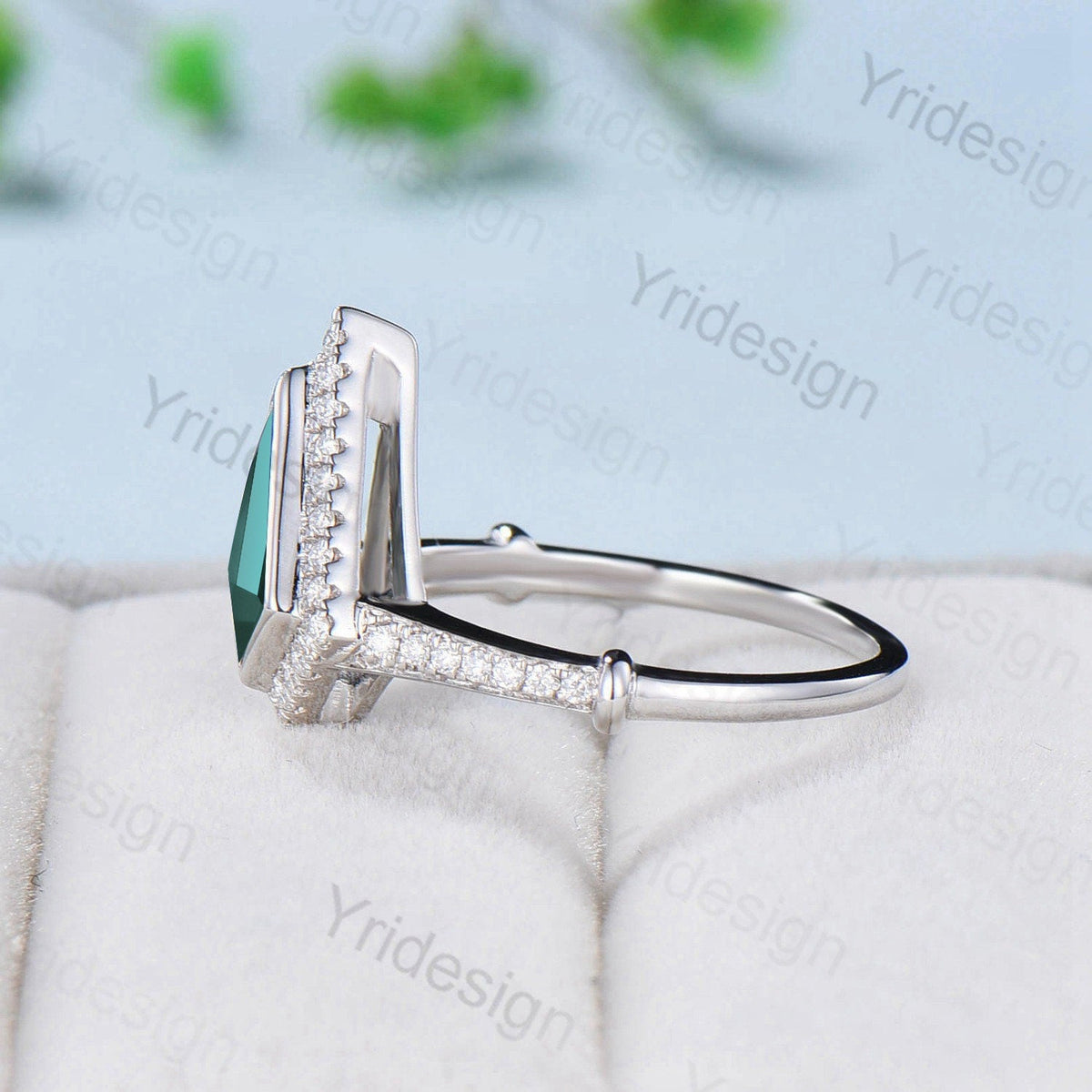 Bezel white gold emerald engagement ring antique halo moissanite diamond knot wedding ring Vintage Style Unique Women Anniversary Gift