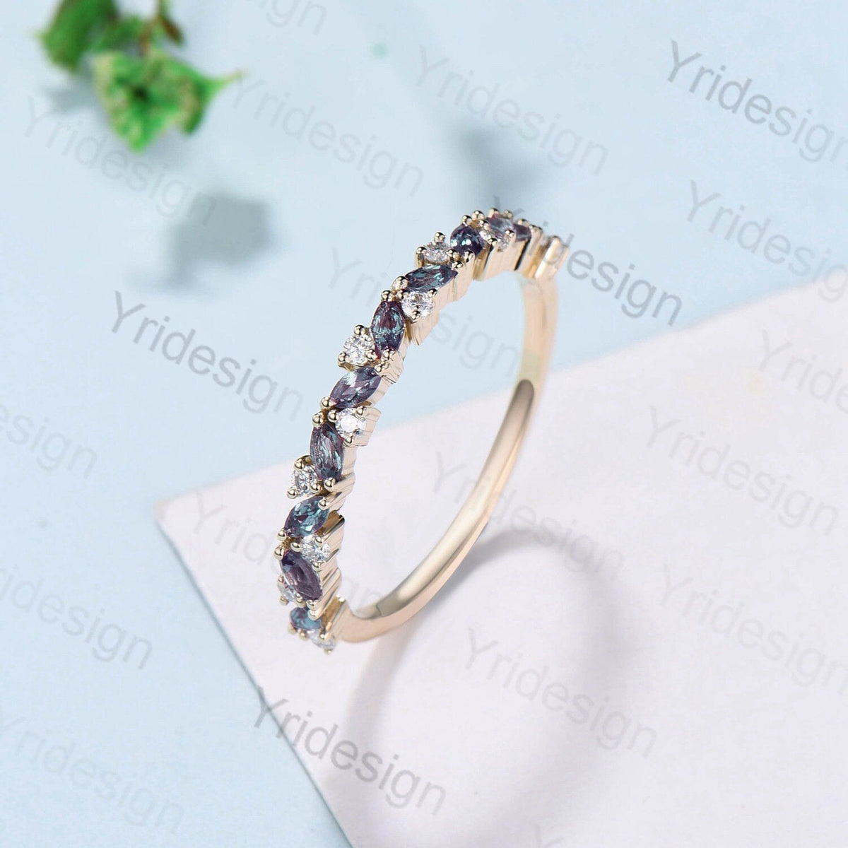 Vintage Alexandrite Wedding Band, Marquise cut White gold wedding ring, Unique Stacking matching Band Bridal ring, Anniversary band ring