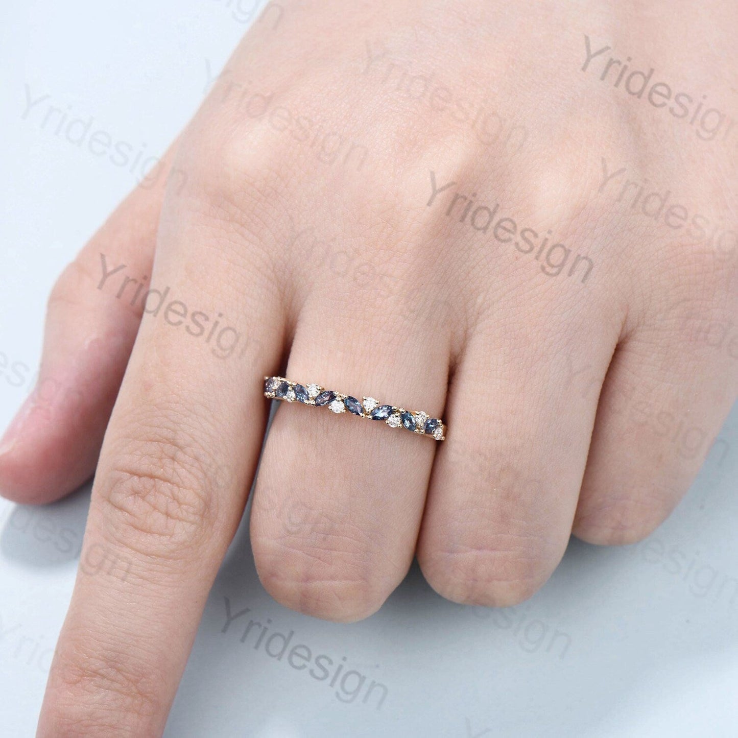 Vintage Alexandrite Wedding Band, Marquise cut White gold wedding ring, Unique Stacking matching Band Bridal ring, Anniversary band ring