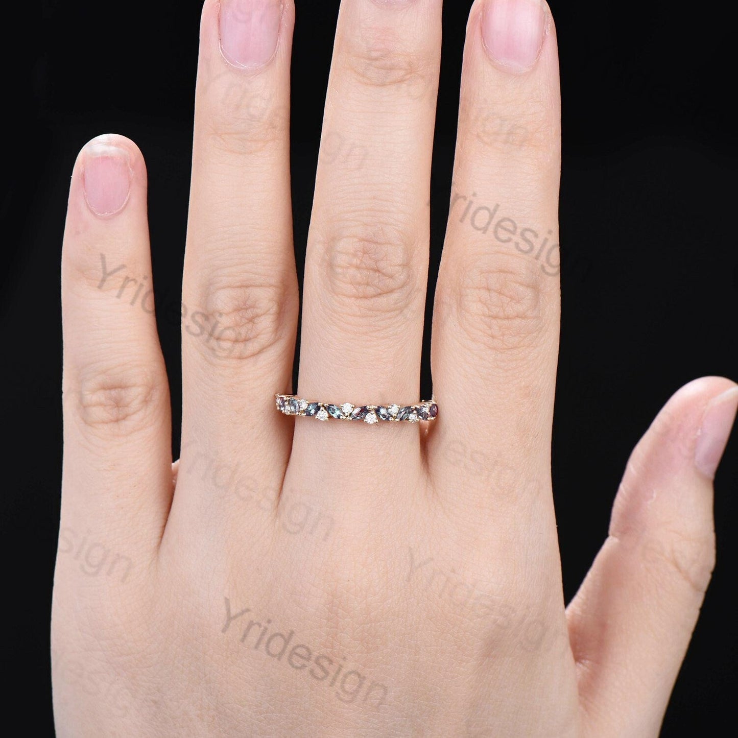 Vintage Alexandrite Wedding Band, Marquise cut White gold wedding ring, Unique Stacking matching Band Bridal ring, Anniversary band ring