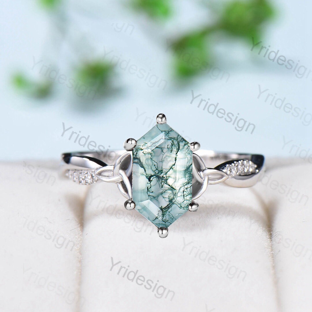 Norse Viking long hexagon moss agate engagement ring set 3/4 eternity twisted infinity moissanite & diamond band wedding ring set for women
