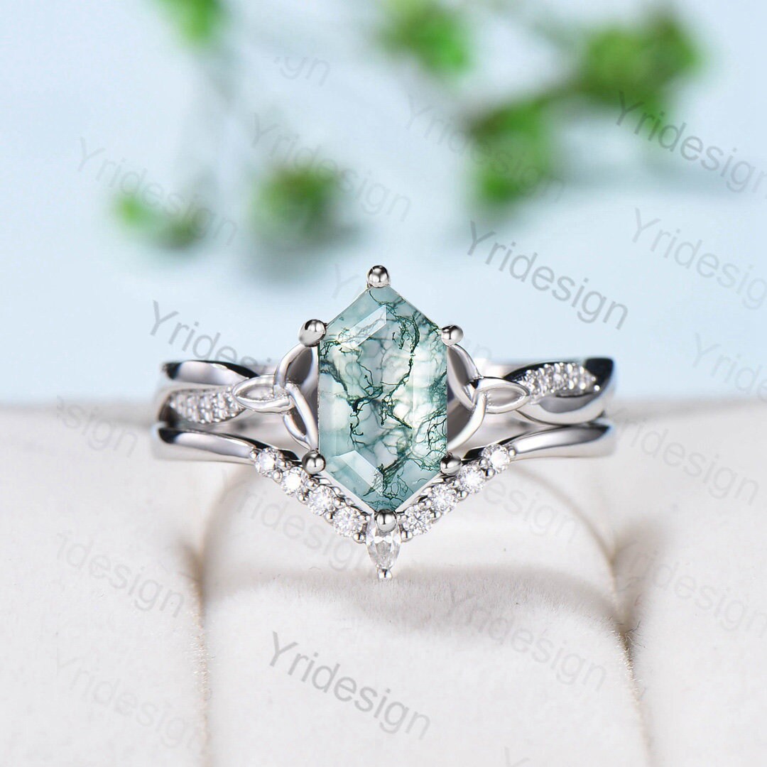 Norse Viking long hexagon moss agate engagement ring set 3/4 eternity twisted infinity moissanite & diamond band wedding ring set for women