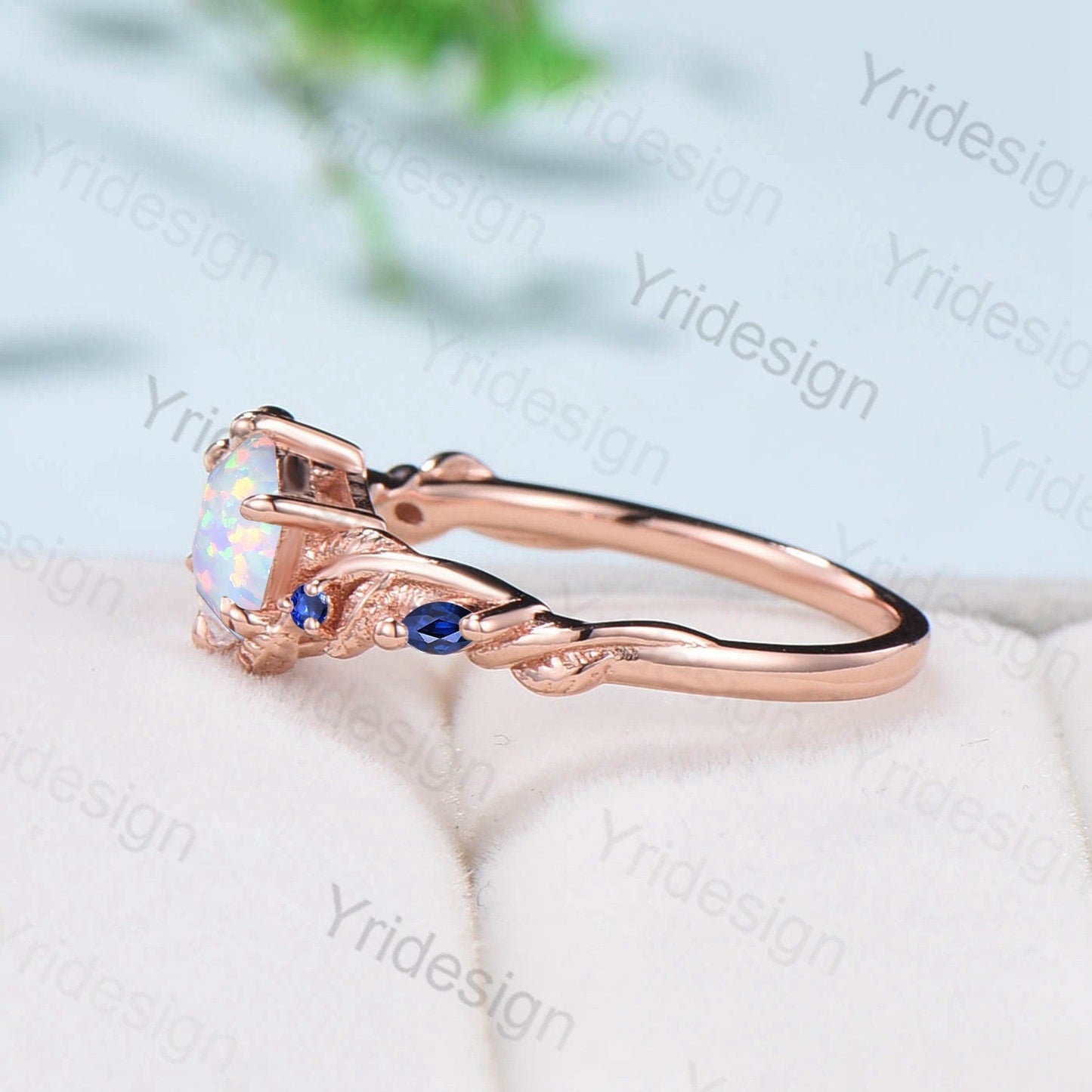 Twig Opal Engagement Ring Vintage White Opal Leaf Vine Unique Nature Inspired Rose Gold Bridal Ring Branch Sapphire Wedding Ring for Women