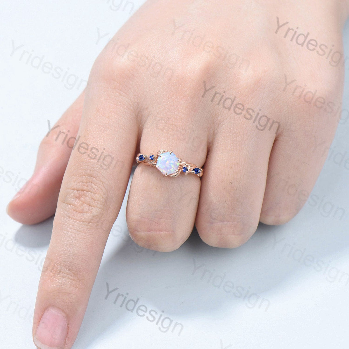 Twig Opal Engagement Ring Vintage White Opal Leaf Vine Unique Nature Inspired Rose Gold Bridal Ring Branch Sapphire Wedding Ring for Women