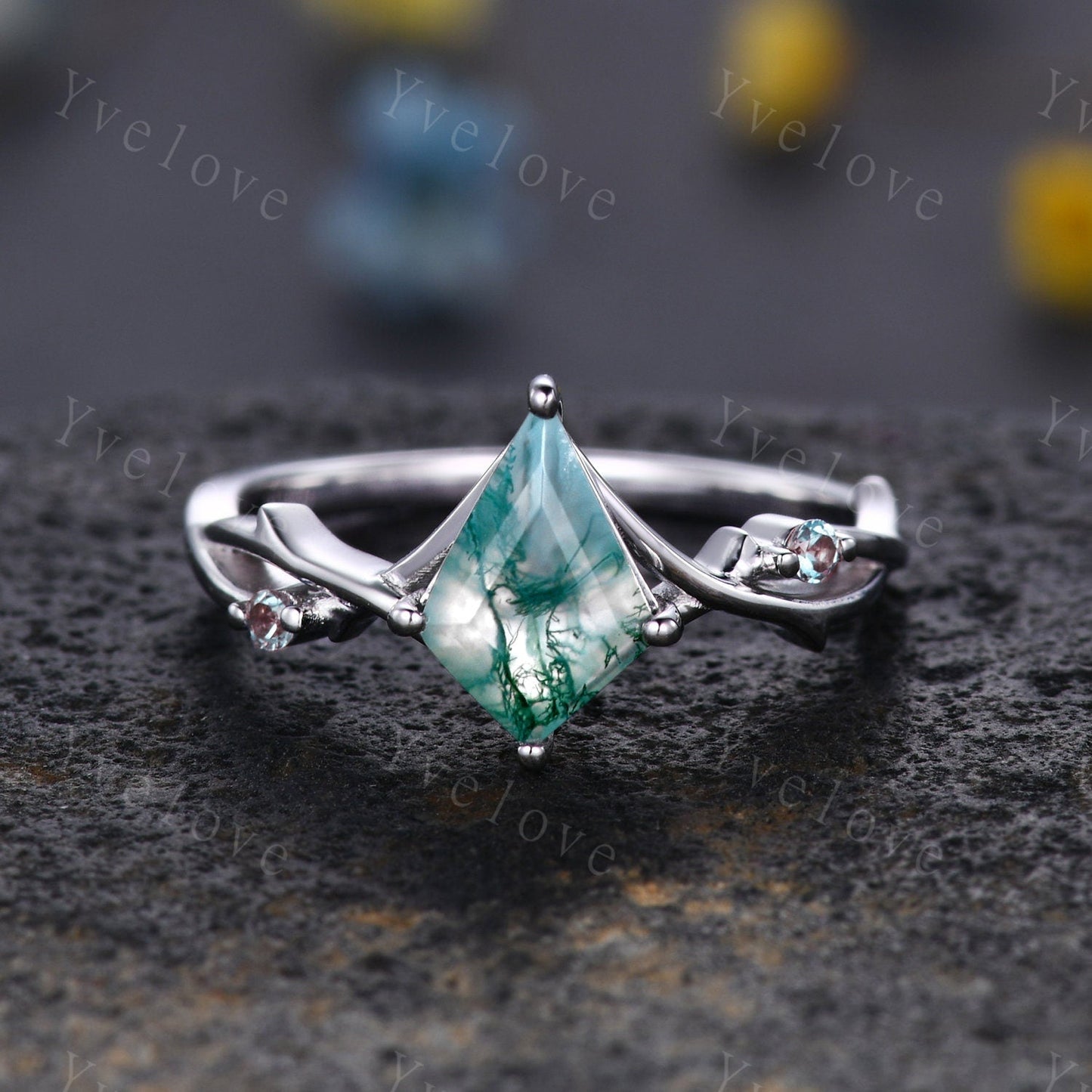 Unique Kite Moss Agate Engagement Ring,Vintage Twig Alexandrite Ring,Branch Ring,White Gold Silver Ring Promise Bridal Set,Green Agate Ring