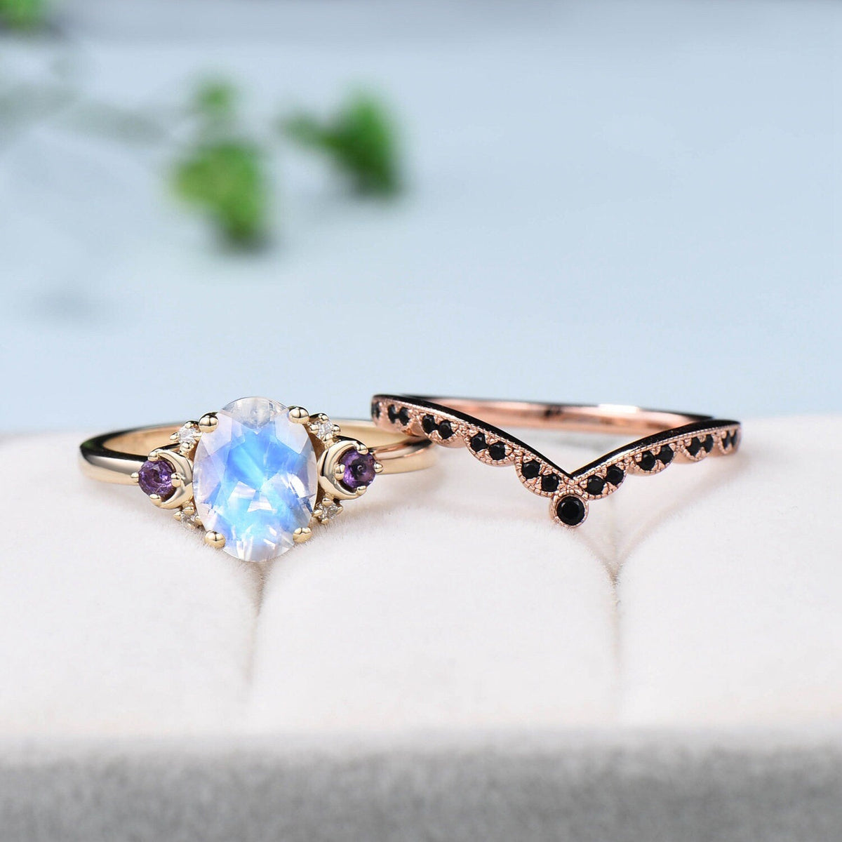 Vintage Moon Moonstone Engagement Ring Set Unique Celestial Moon Alternative Amethyst Wedding Ring Set Art Deco Black Spinel Matching Band