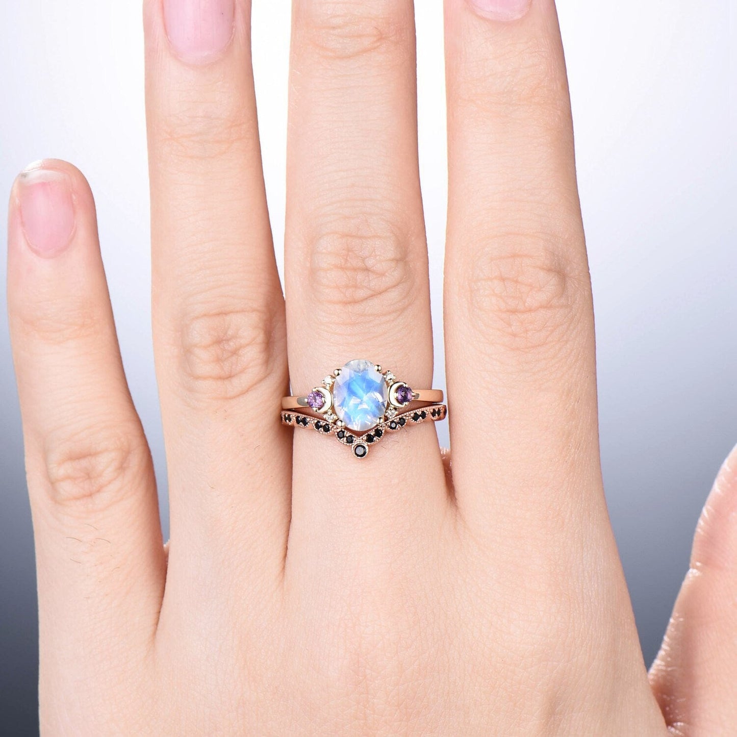 Vintage Moon Moonstone Engagement Ring Set Unique Celestial Moon Alternative Amethyst Wedding Ring Set Art Deco Black Spinel Matching Band