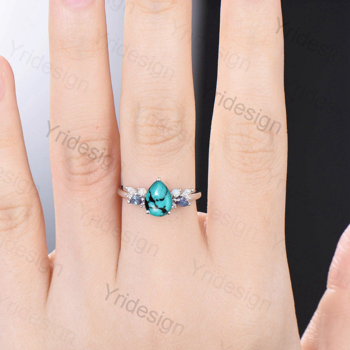 Teardrop Turquoise Engagement Ring: Rose Gold, Alexandrite & Opal Accents