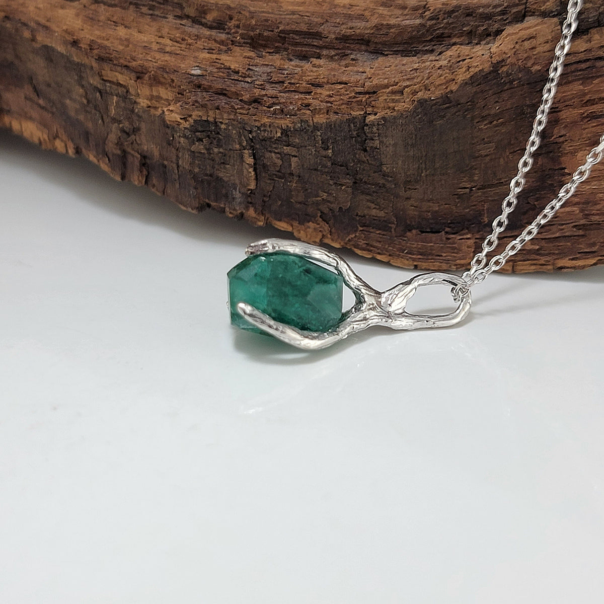 Raw Hand-cut Emerald Twig Pendant