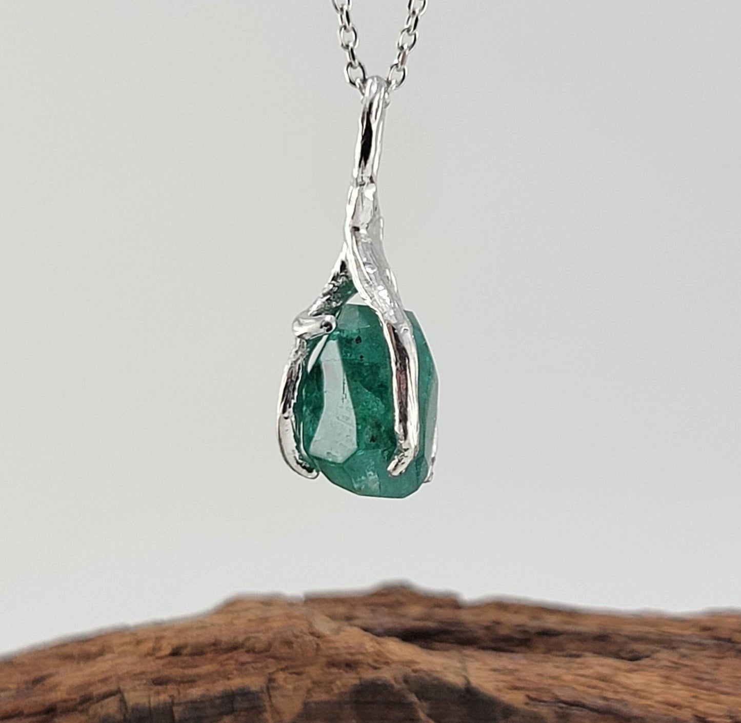 Raw Hand-cut Emerald Twig Pendant