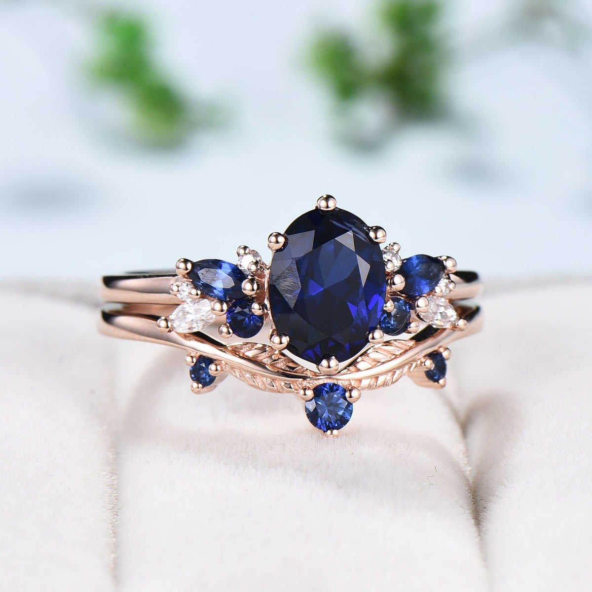 Vintage Sapphire Engagement Ring Set, 10K 14K 18K Solid White Gold Blue Sapphire Wedding Set, Leaf Stacking Band Bridal Promise Rings Set