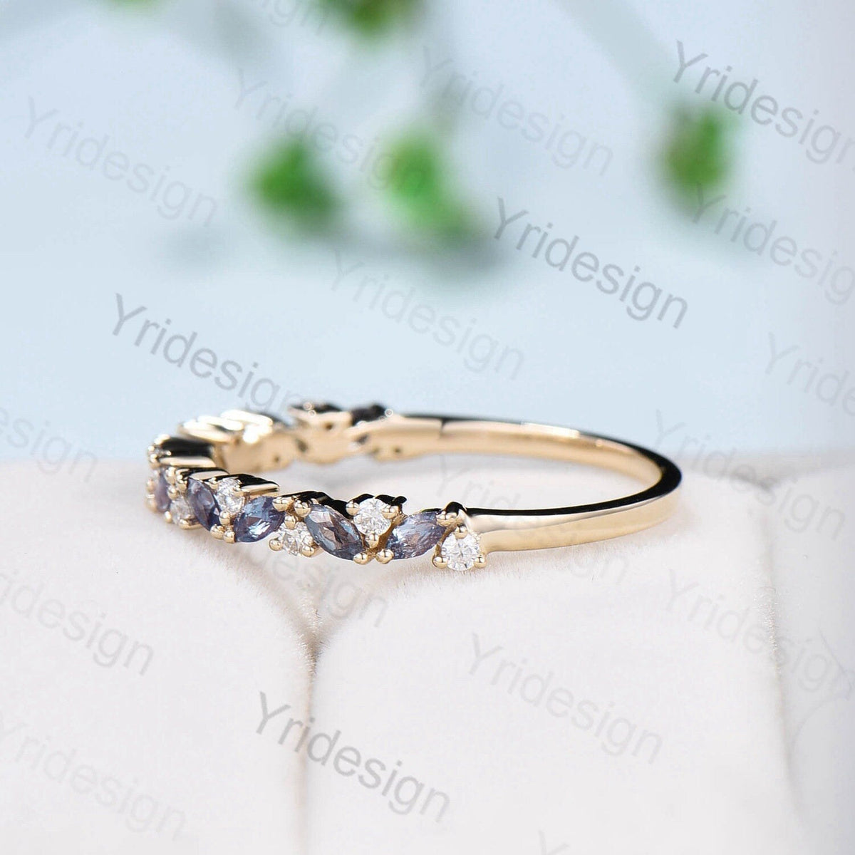 Vintage Alexandrite Wedding Band, Marquise cut White gold wedding ring, Unique Stacking matching Band Bridal ring, Anniversary band ring