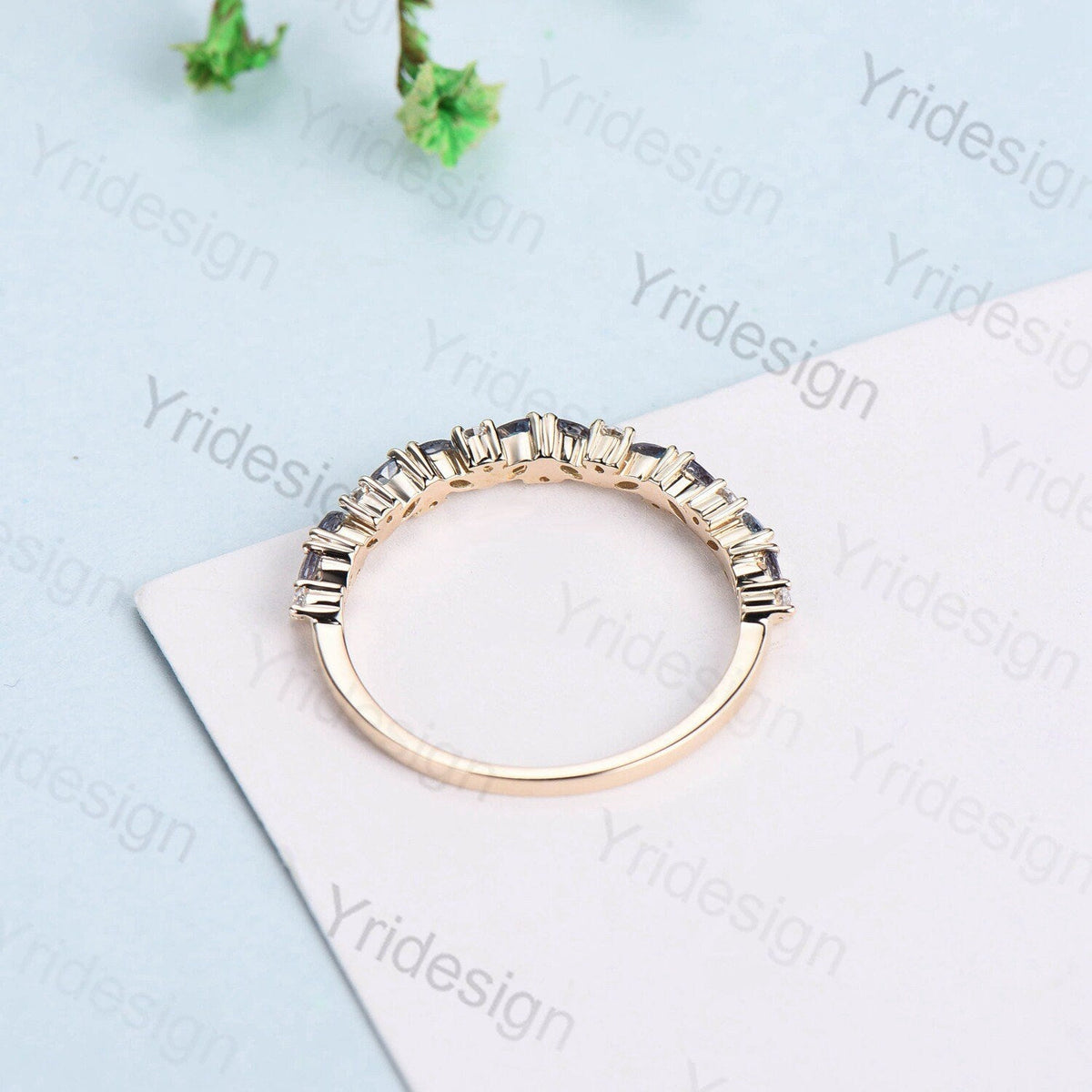 Vintage Alexandrite Wedding Band, Marquise cut White gold wedding ring, Unique Stacking matching Band Bridal ring, Anniversary band ring
