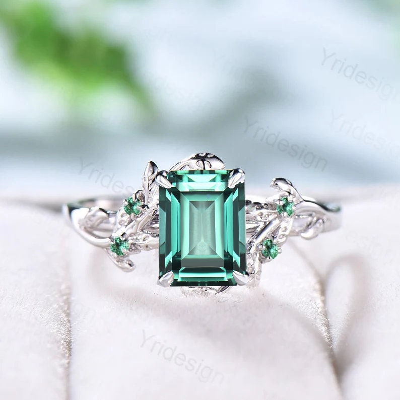Twig 14K Gold Ring: Hexagon Lab Green Sapphire, Leaf Emerald Accents