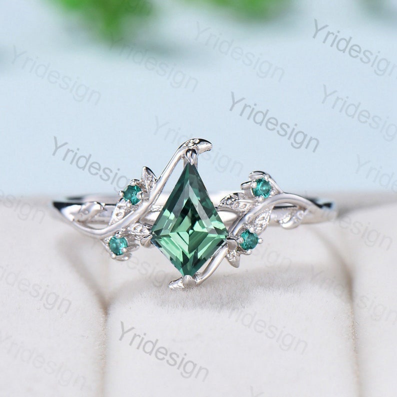 Twig 14K Gold Ring: Hexagon Lab Green Sapphire, Leaf Emerald Accents