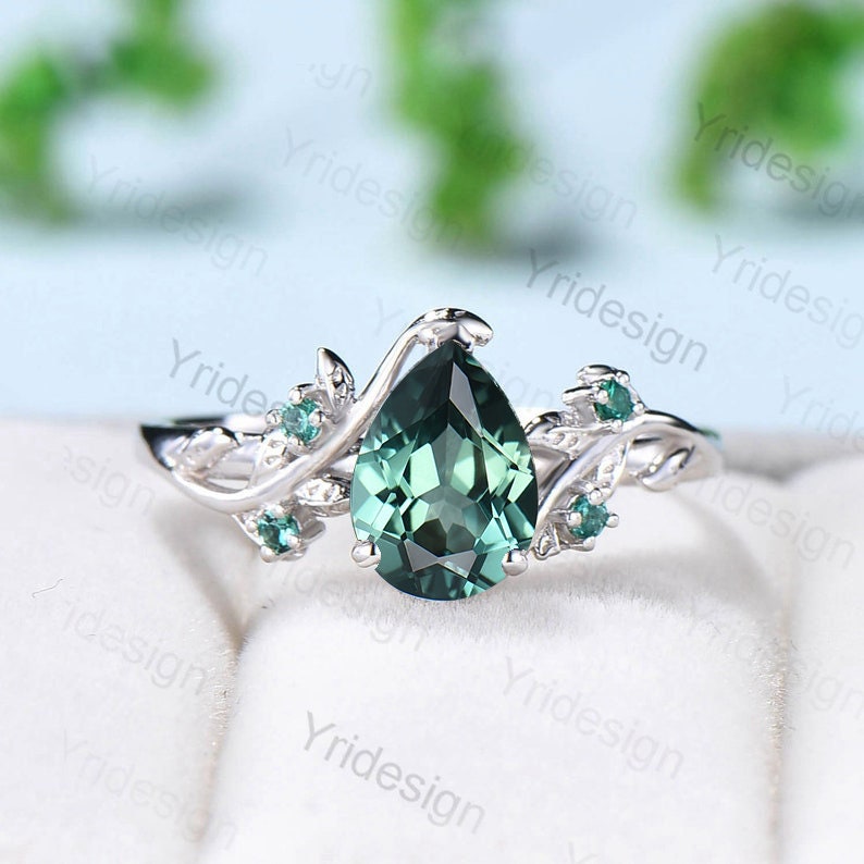 Twig 14K Gold Ring: Hexagon Lab Green Sapphire, Leaf Emerald Accents