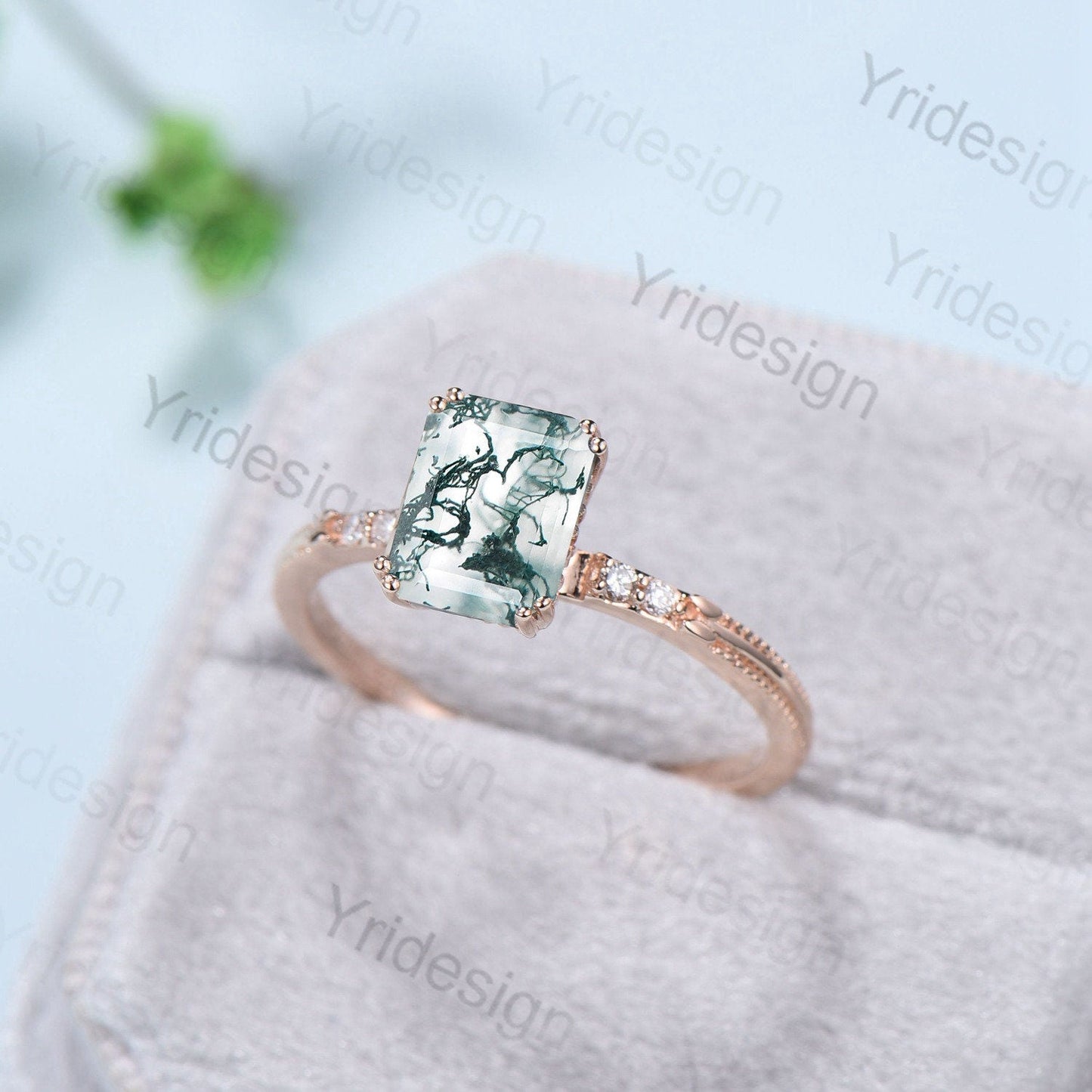 Emerald Cut Moss Agate Diamond Ring Rose Gold Minimalist Dainty Green Agate Engagement Ring  Five Stone Milgrain Women Anniversary Ring