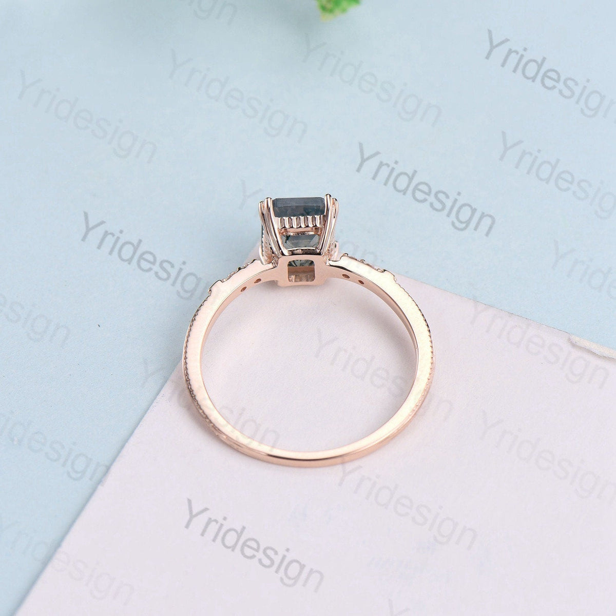 Emerald Cut Moss Agate Diamond Ring Rose Gold Minimalist Dainty Green Agate Engagement Ring  Five Stone Milgrain Women Anniversary Ring
