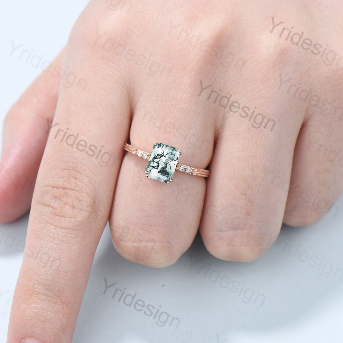 Emerald Cut Moss Agate Diamond Ring Rose Gold Minimalist Dainty Green Agate Engagement Ring  Five Stone Milgrain Women Anniversary Ring