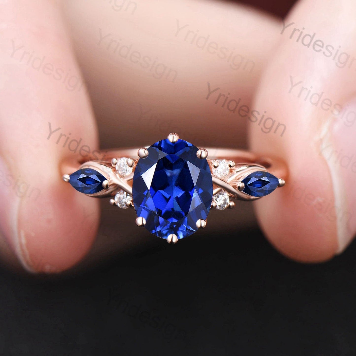 Vintage oval sapphire engagement ring rose gold twisted unique lab blue crystal wedding ring set art deco anniversary ring Christmas gift