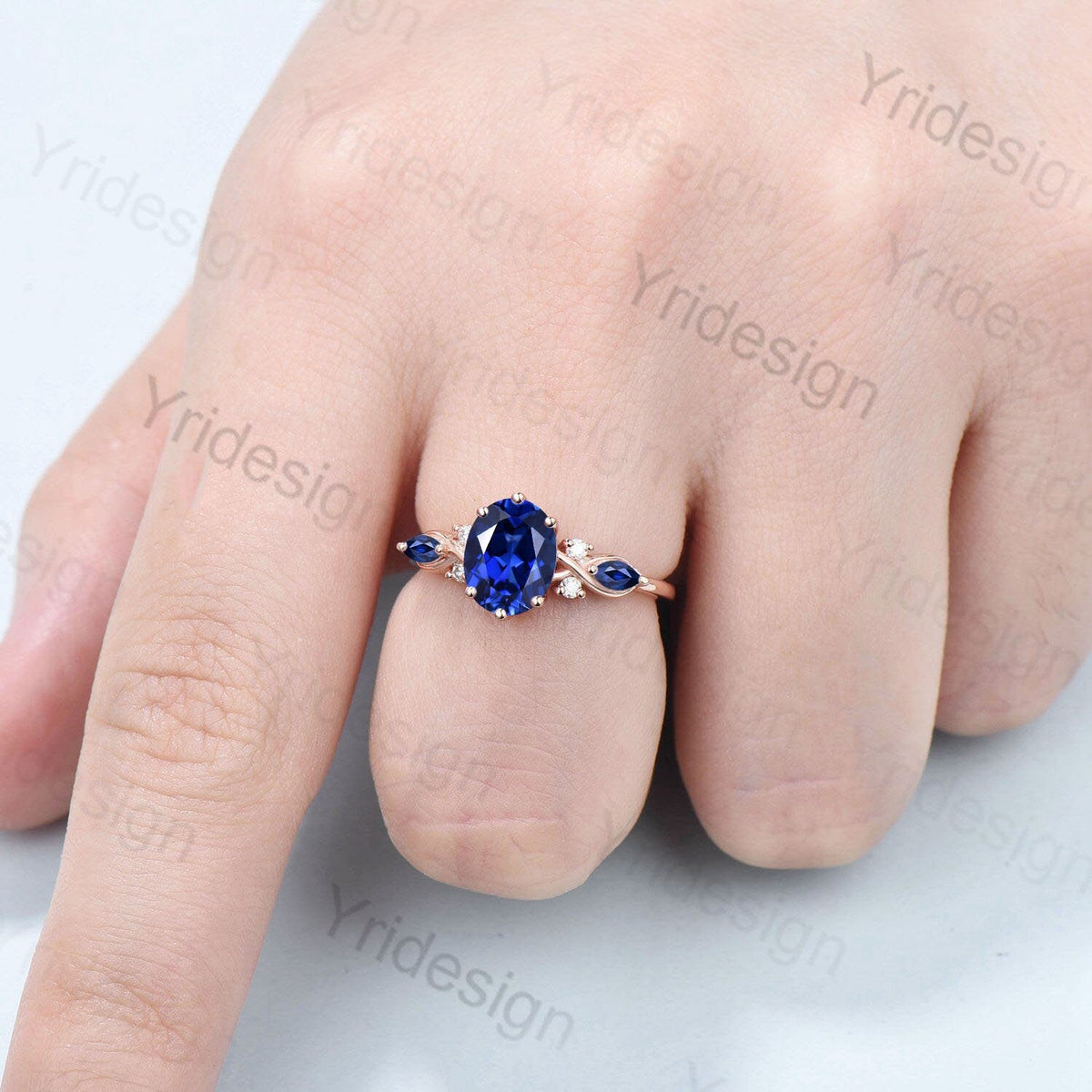 Vintage oval sapphire engagement ring rose gold twisted unique lab blue crystal wedding ring set art deco anniversary ring Christmas gift