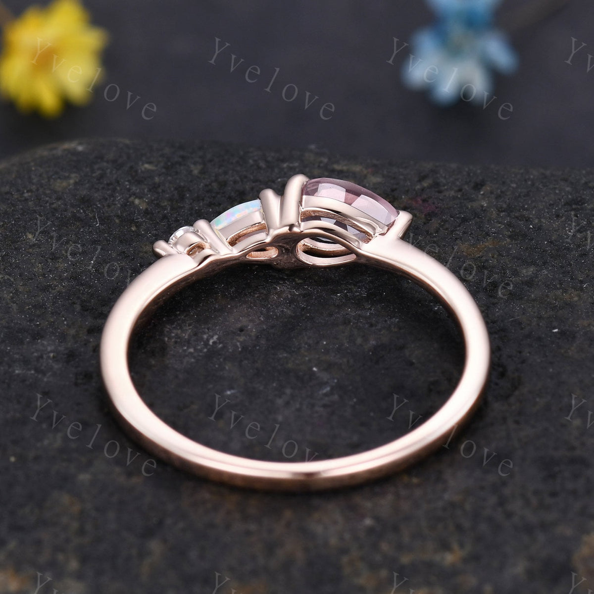 Unique Pink Tourmaline Opal Engagement Ring,Pear Cut Gems,Art Deco Moissanite Wedding Band,3 Stone Unique Women Bridal Promise Ring Gift