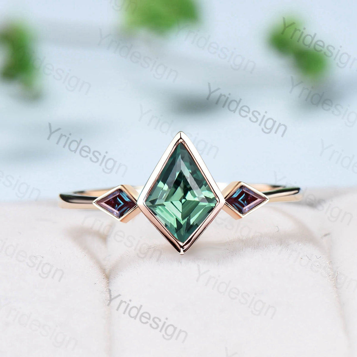 Vintage Kite Lab Green Sapphire Engagement Ring, Alexandrite Accents
