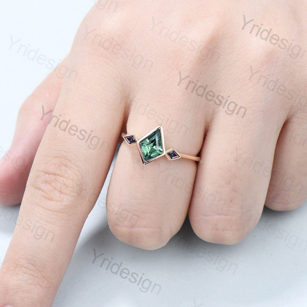 Vintage Kite Lab Green Sapphire Engagement Ring, Alexandrite Accents