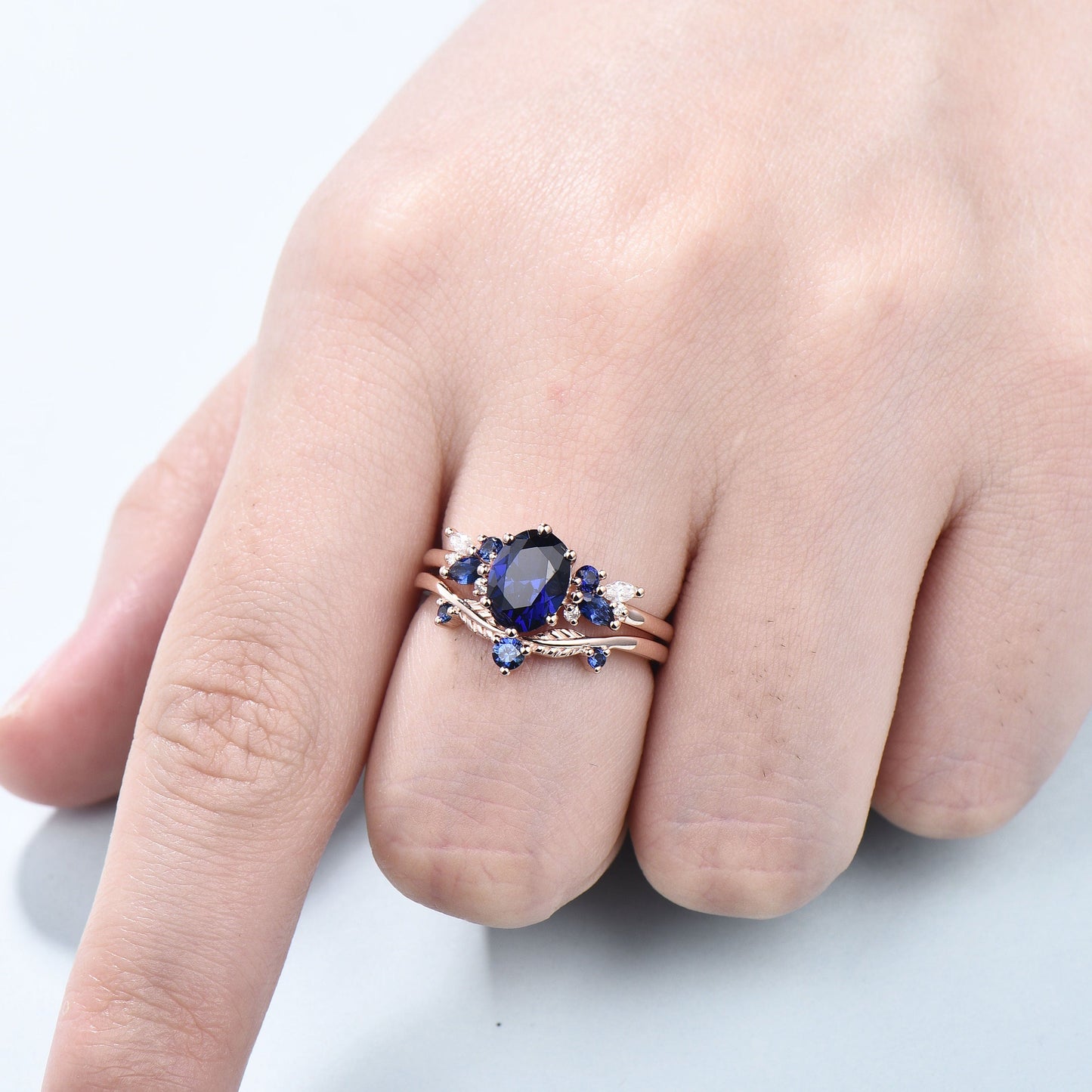 Vintage Sapphire Engagement Ring Set, 10K 14K 18K Solid White Gold Blue Sapphire Wedding Set, Leaf Stacking Band Bridal Promise Rings Set