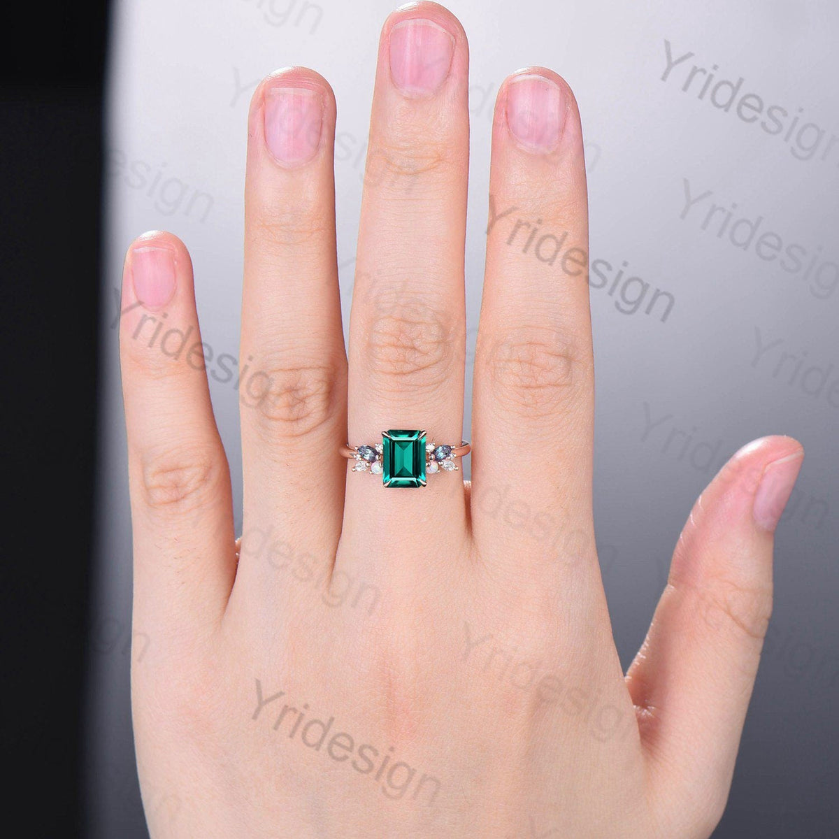 Vintage Emerald Cut Emerald Engagement Ring Rose Gold Alternative Alexandrite Opal Wedding Ring For Women Unique Cluster Promise Ring Gift