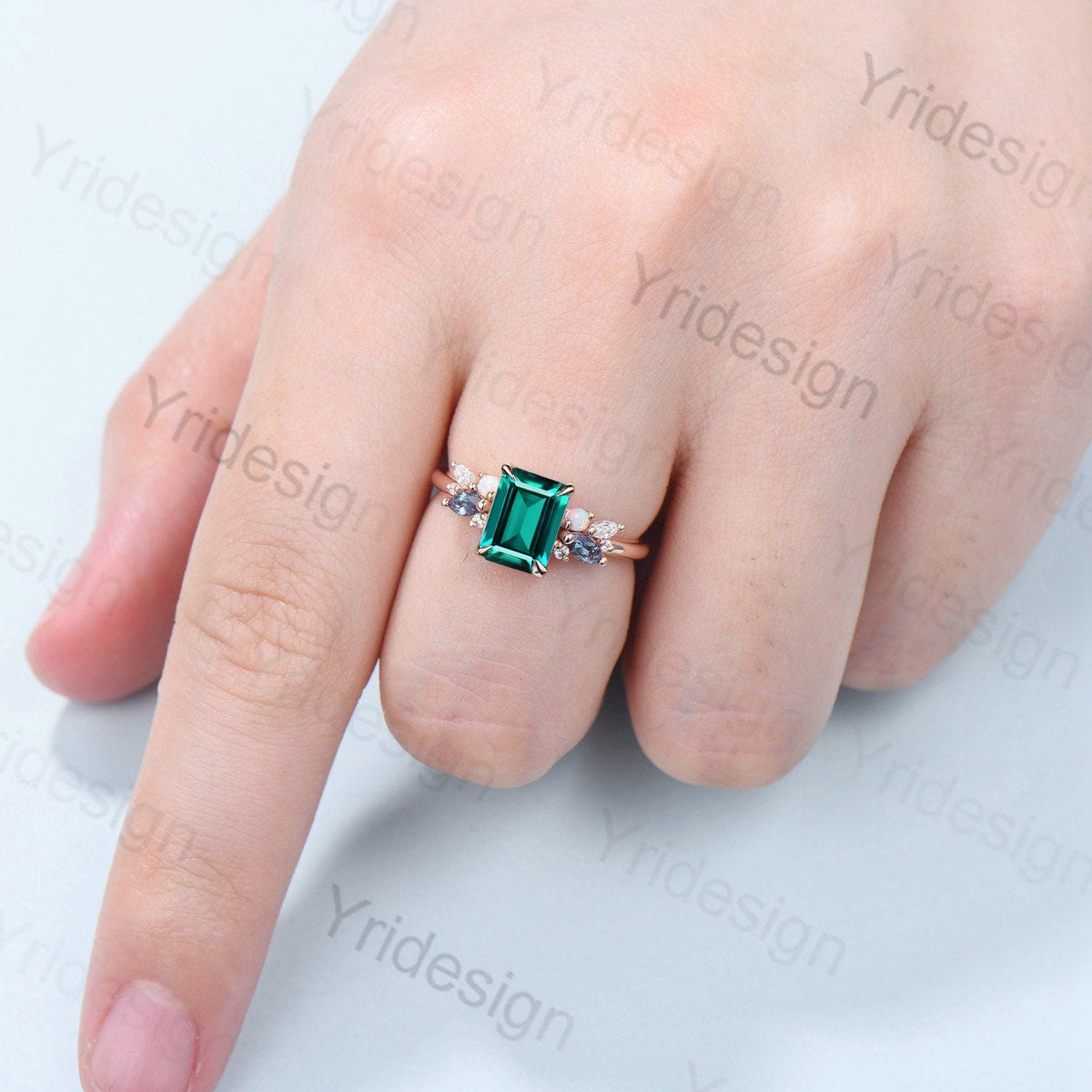 Vintage Emerald Cut Emerald Engagement Ring Rose Gold Alternative Alexandrite Opal Wedding Ring For Women Unique Cluster Promise Ring Gift