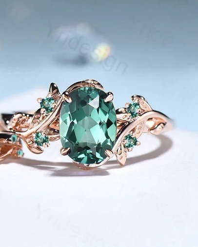 Twig 14K Gold Ring: Hexagon Lab Green Sapphire, Leaf Emerald Accents