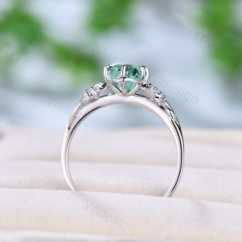 Twig 14K Gold Ring: Hexagon Lab Green Sapphire, Leaf Emerald Accents