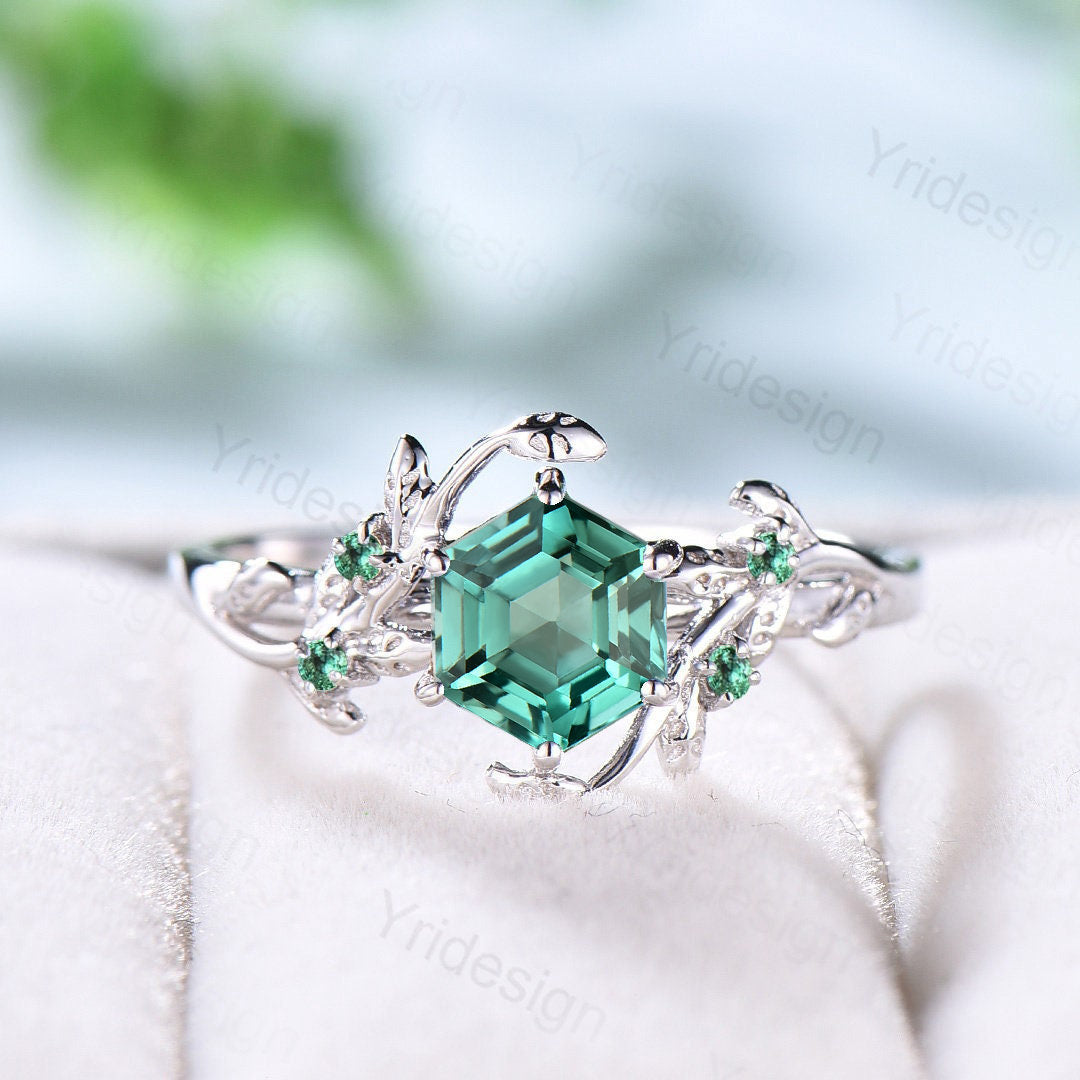 Twig 14K Gold Ring: Hexagon Lab Green Sapphire, Leaf Emerald Accents