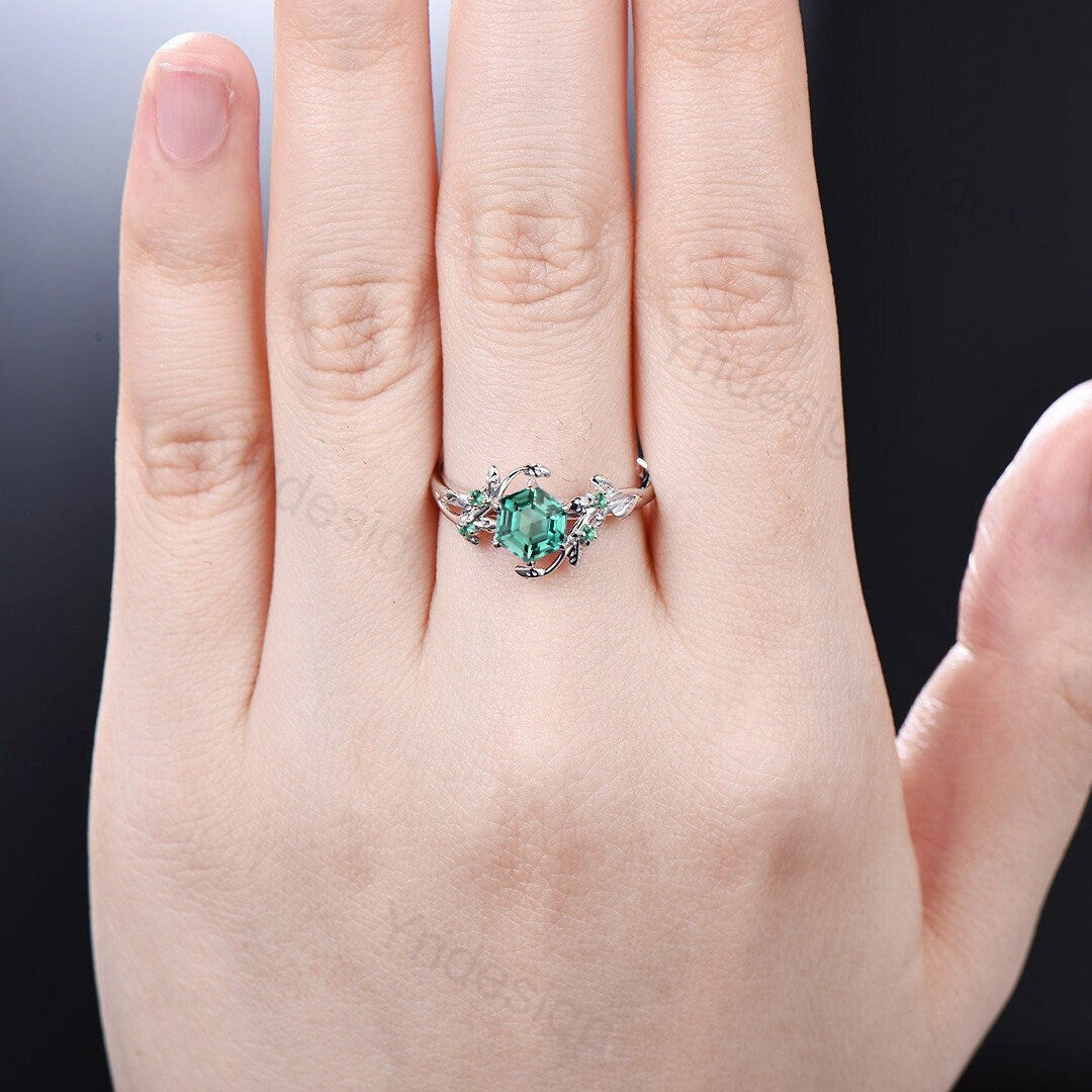 Twig 14K Gold Ring: Hexagon Lab Green Sapphire, Leaf Emerald Accents