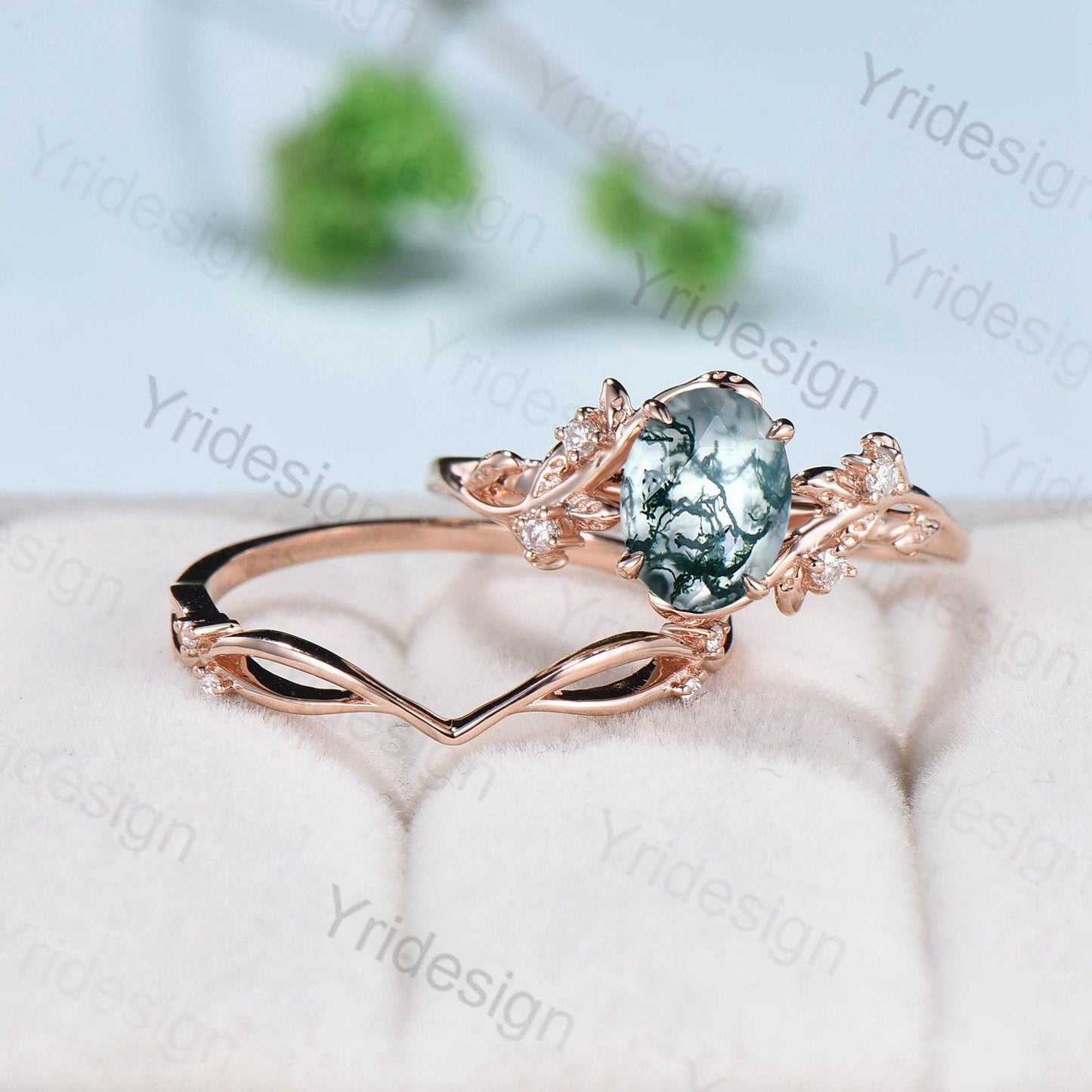 1.5CT Oval moss agate ring set cluster diamond nature inspired aquatic agate wedding ring set Vintage crystal engagement ring 14k rose gold