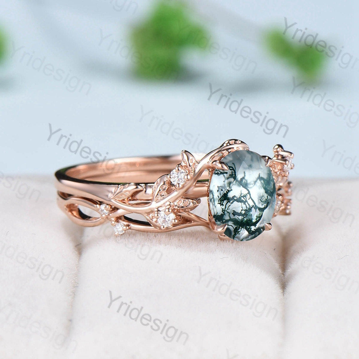 1.5CT Oval moss agate ring set cluster diamond nature inspired aquatic agate wedding ring set Vintage crystal engagement ring 14k rose gold