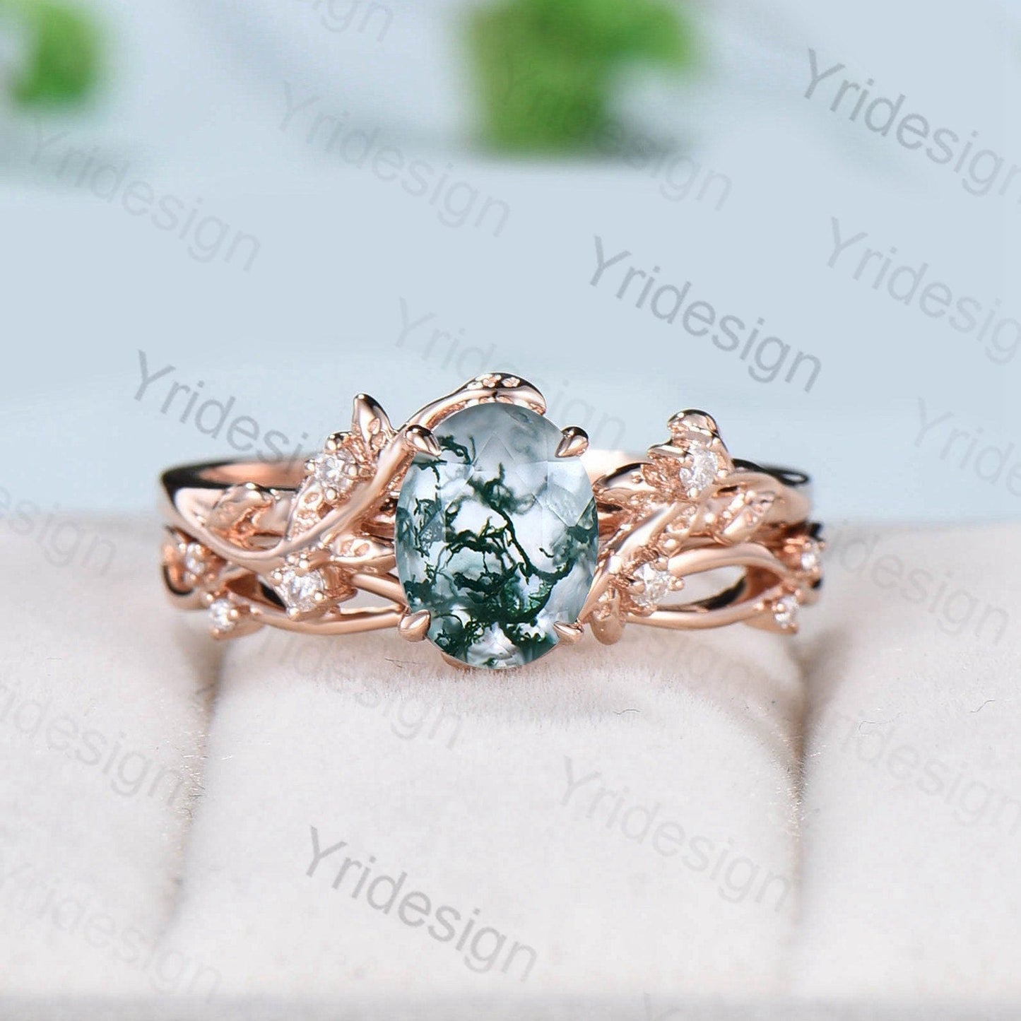 1.5CT Oval moss agate ring set cluster diamond nature inspired aquatic agate wedding ring set Vintage crystal engagement ring 14k rose gold