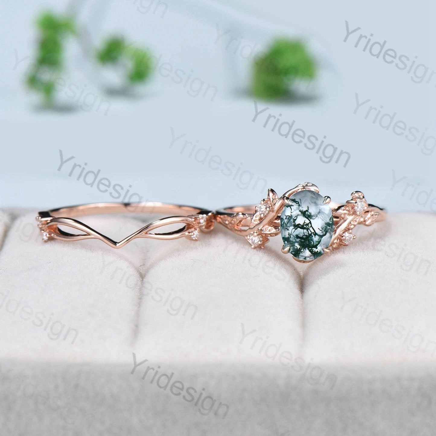1.5CT Oval moss agate ring set cluster diamond nature inspired aquatic agate wedding ring set Vintage crystal engagement ring 14k rose gold