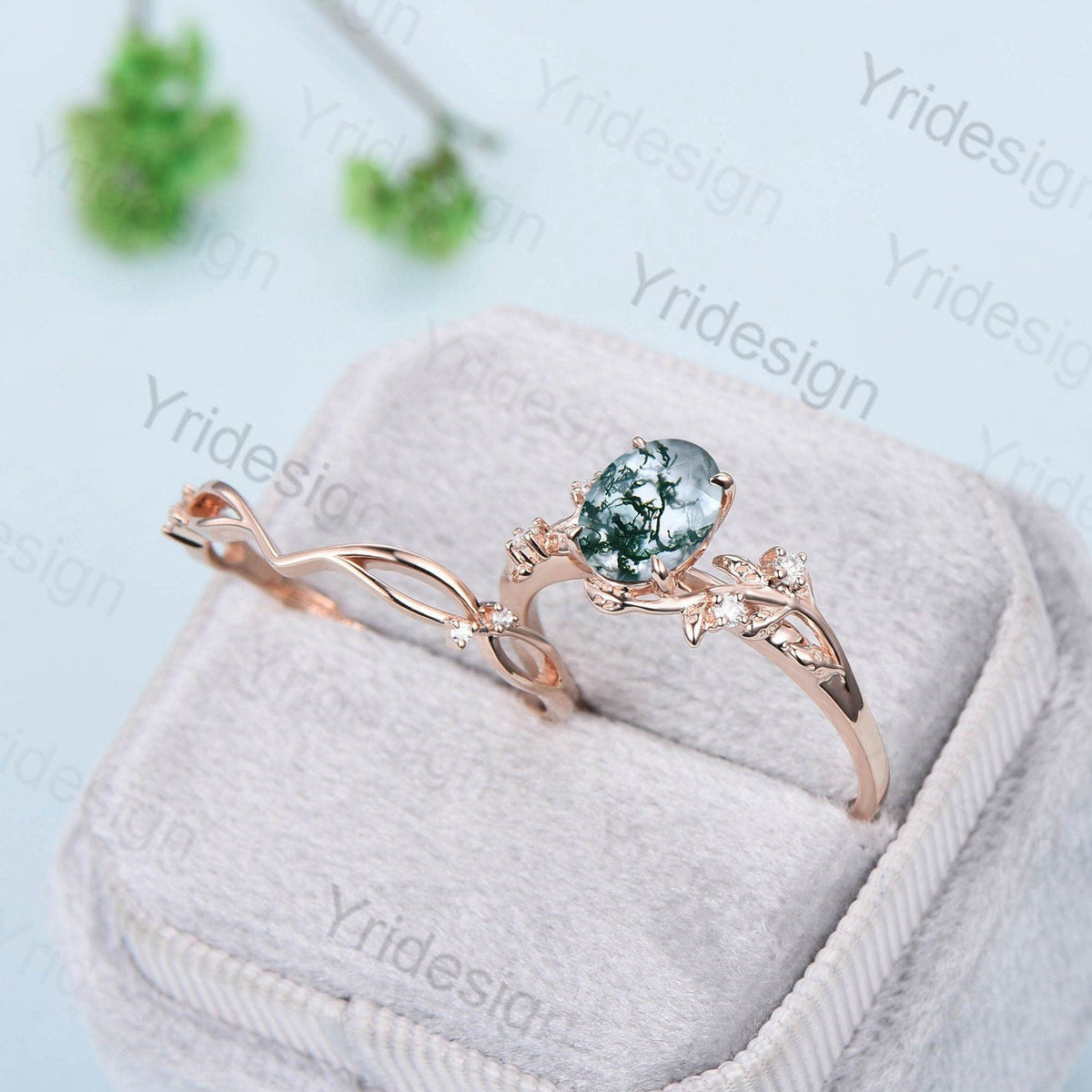 1.5CT Oval moss agate ring set cluster diamond nature inspired aquatic agate wedding ring set Vintage crystal engagement ring 14k rose gold