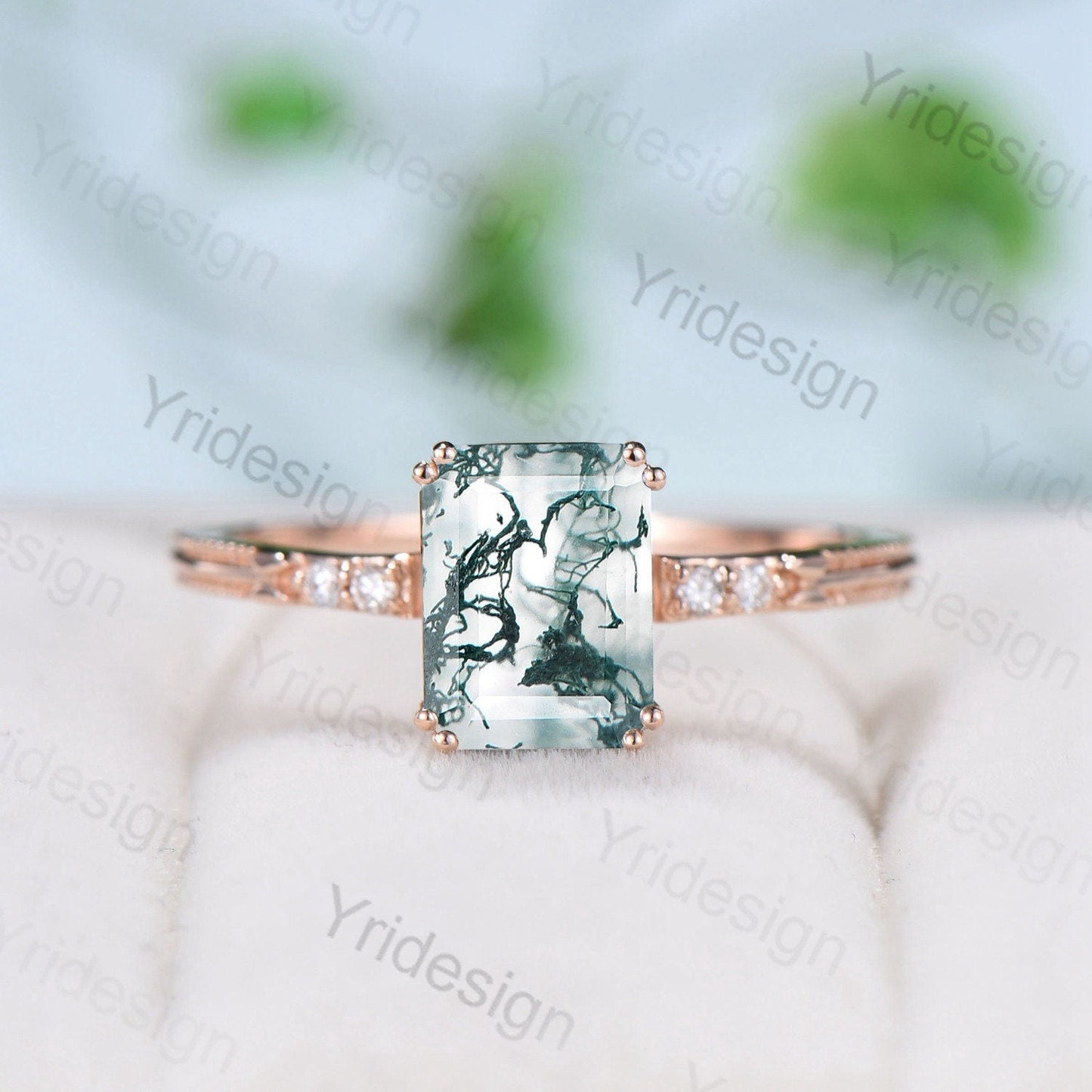 Emerald Cut Moss Agate Diamond Ring Rose Gold Minimalist Dainty Green Agate Engagement Ring  Five Stone Milgrain Women Anniversary Ring