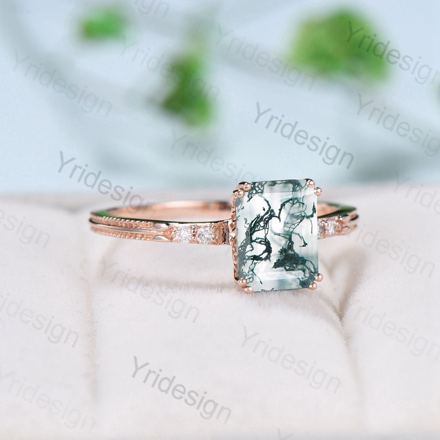Emerald Cut Moss Agate Diamond Ring Rose Gold Minimalist Dainty Green Agate Engagement Ring  Five Stone Milgrain Women Anniversary Ring