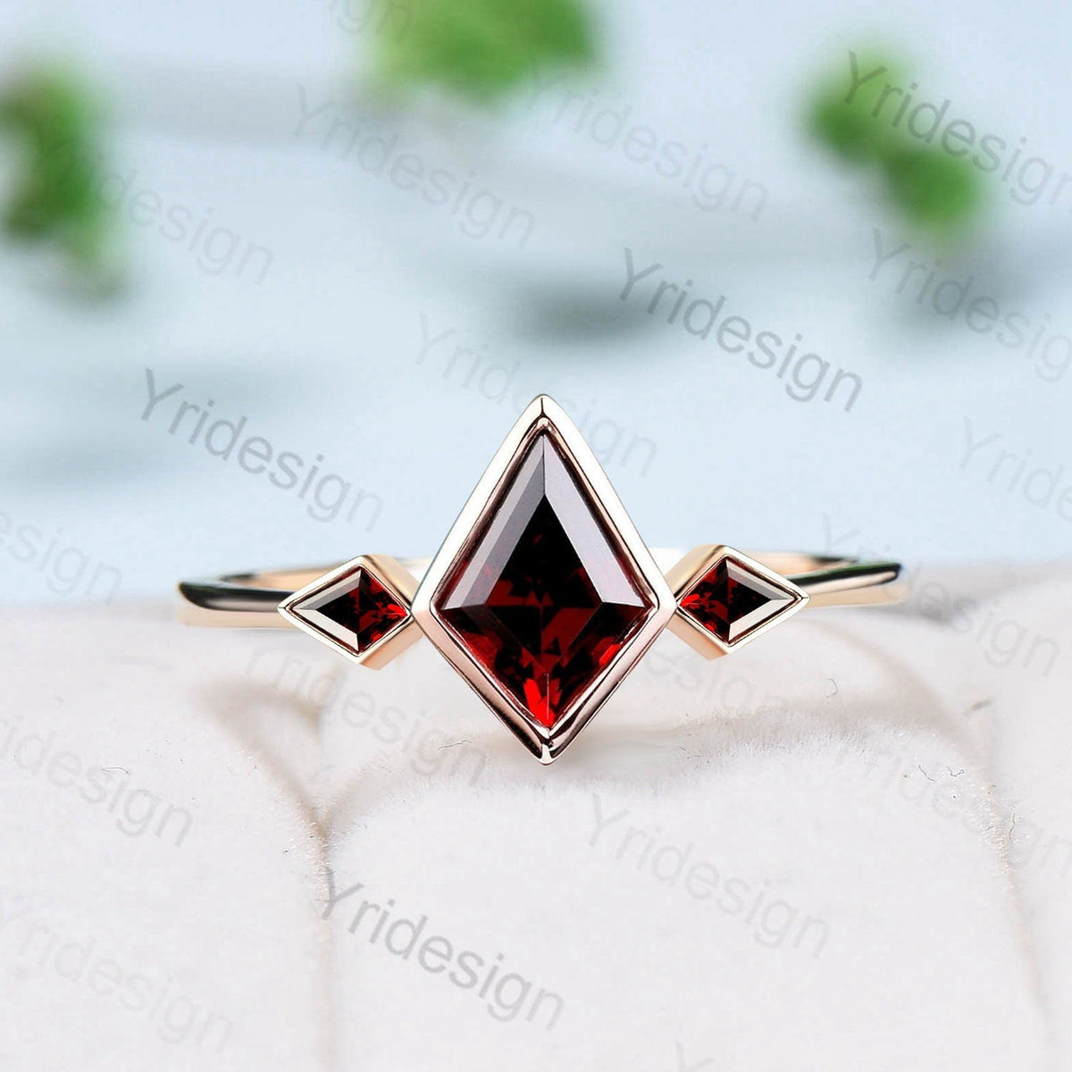 Kite Cut Red Garnet Engagement Ring - Modern Bezel Set Three Stone Band