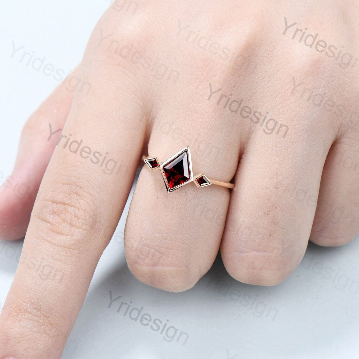 Kite Cut Red Garnet Engagement Ring - Modern Bezel Set Three Stone Band